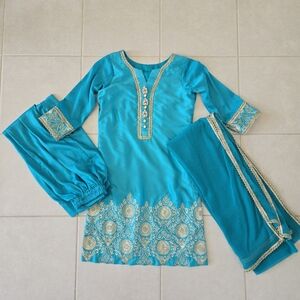3 piece Sz M Stitched salwar kameez Full sleeves Turquoise Green Gold
